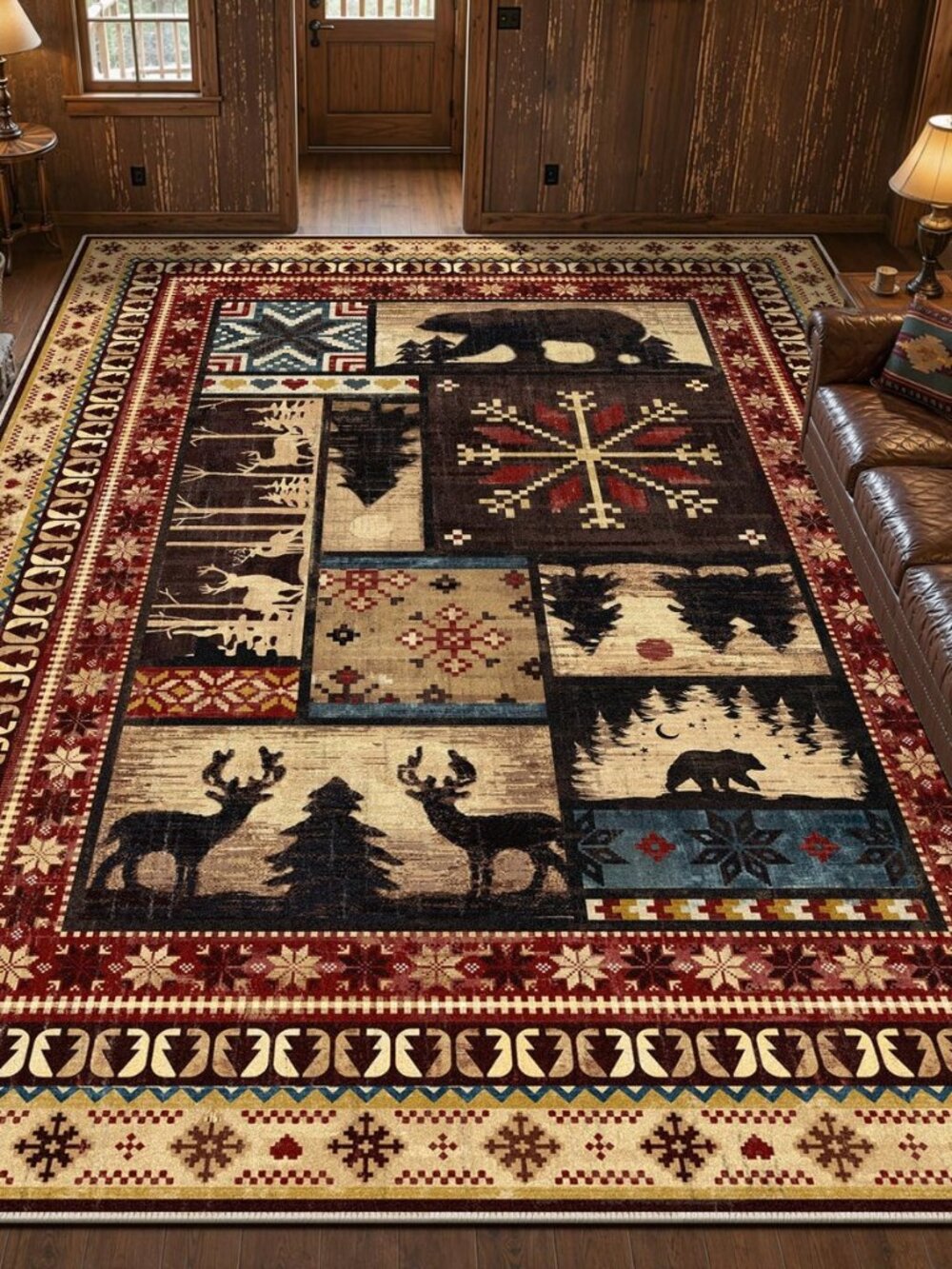 8x10 Rustic Cabin Area Rug, Non-Slip Washable Western Lodge Bear Rug